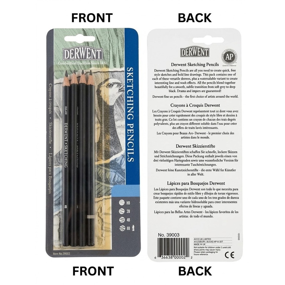 Derwent Sketching Pencils 4-Pack HB 2B 4B 8B Watersoluble Graphite Set 39003 NEW